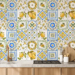 10pcs Hand-Painted Lemon Flower Tile Wall Stickers, Self-Adhesive Waterproof DIY Kitchen Decor, Vintage Style for Home Renovation