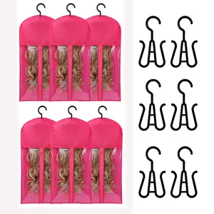 6PCS Hair Extension Holder 2025 New wig storage wig hanger Wig Bagfor Multiple Organizer for Multiple  Extensions Wigs & Accessories (Pink)