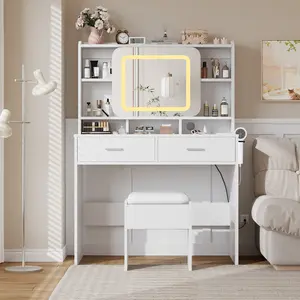 Makeup Vanity Table with Mirror and Charging Station, 54'' Vanity Desk with 3-Color LED Lights & Storage Drawers for Apartment