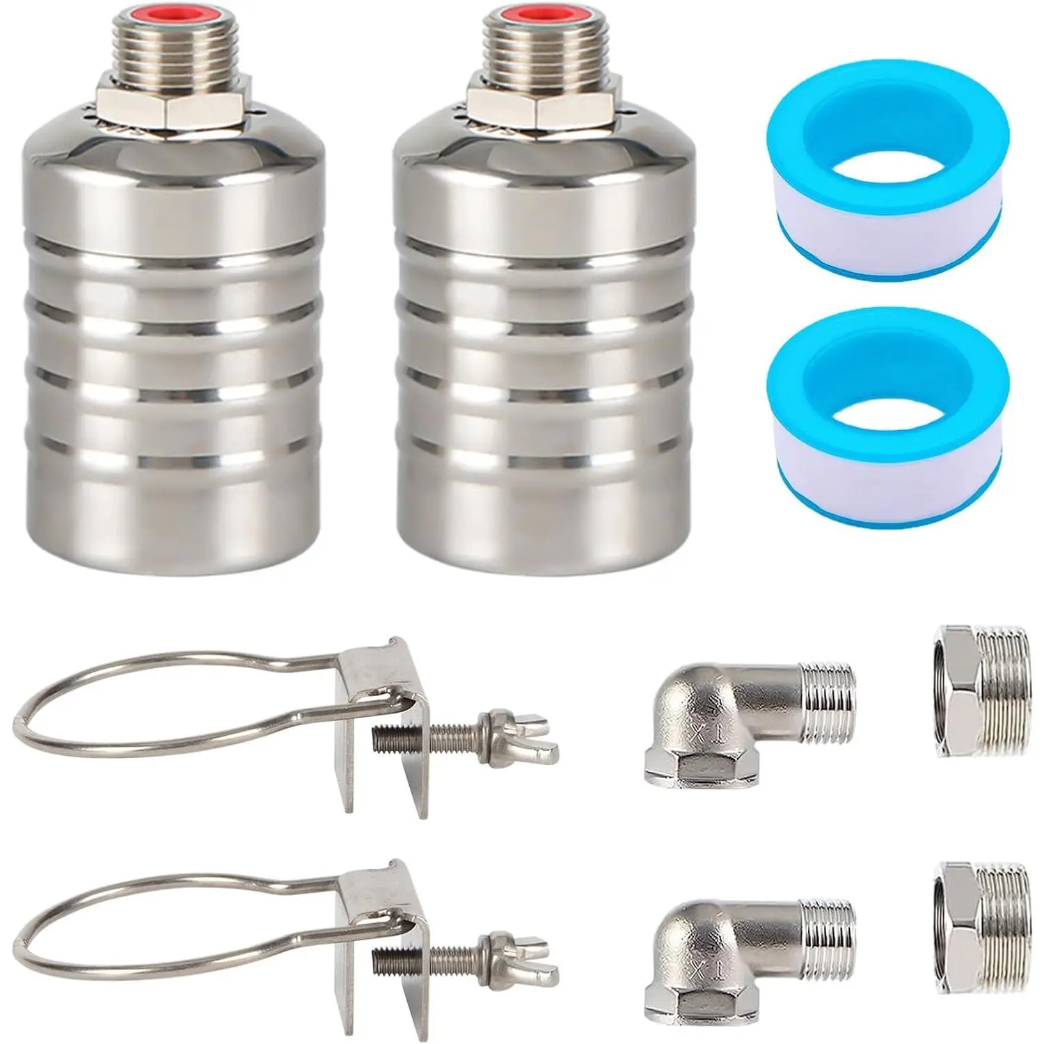 2 Pack 304 Stainless Steel Float Valve, 1/2"-3/4" Fully Adjustable Valve with 1/2" Male Thread Elbows & 2 x 1/2"-3/4" Female Thread Adapters, 0.2 kg, for Pools, Water Storage Tanks, Livestock Troughs, 2 X 1/2" To 3/4" Female Thread Adapter