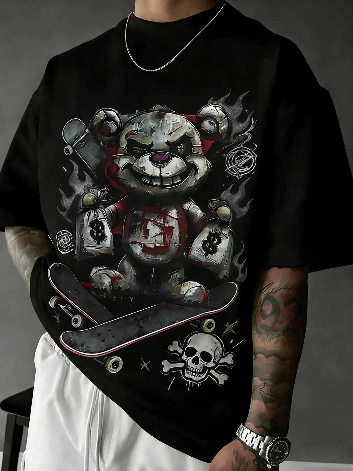 Unisex design, Classic, Street style, Streetwear, summer comfort, round neck, short-sleeved T-shirt, Dark theme, cyberpunk, Graphic bear motif print, Street fashion clothing, couples’ style, casual, suitable for everyday wear