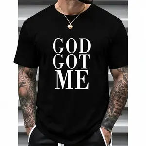 Men's Oversized Crew Neck 100% Cotton Short-Sleeve T-Shirt - God Got Me Graphic Print, Classic Embroidered, Durable, Stylish, Comfortable Menswear, 1pc Casual Summer/Year-Round Top,summervibes