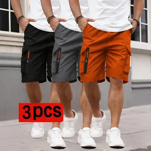 Men's 3-Pack Mid-Waist Plain Multipocket Cargo Shorts, Summer Loose-Fitted Knee-Length Outdoor Activewear Bottoms with Zippered Pockets, Casual Shorts Set, Multipocket Men's Shorts
