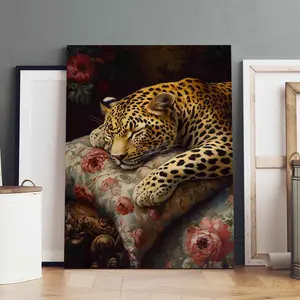 1Count Wooden Frame Canvas, Canvas Wall Art, Sleeping Leopard On Floral Pillow Images, Modern Art Poster, Home Decor, Ideal Gift, Waterproof, Printing, Art