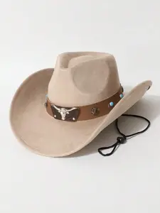 Vintage Western Cowboy Wide Brim Felt Hat, Sun Hat, Leather Turquoise Metal Buckle Windproof Rope, Outdoor Horseback Music Festival Party, Summer Rope Hat