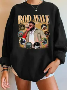 Women's Rod Wave Soulful Hip-Hop Graphic Sweatshirt, Crewneck with Retro Collage Print, Cozy Top for Rod Wave Fans & Emotional Rap Enthusiasts