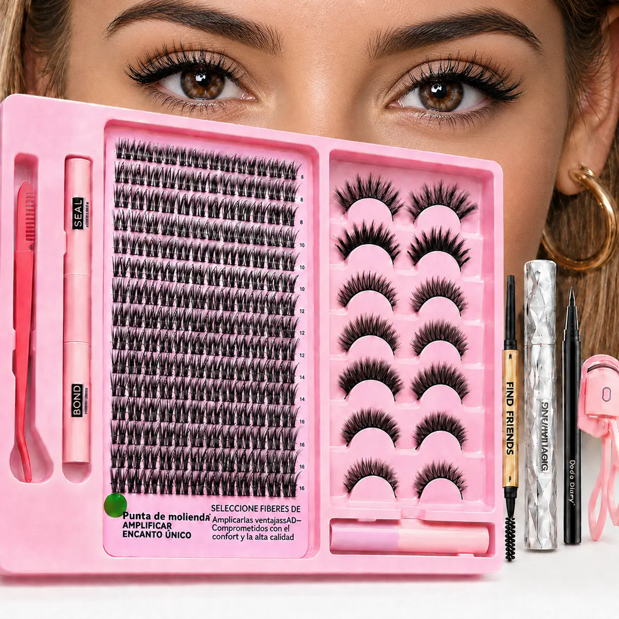 198Pcs Lash Clusters Kit, 194Pcs Wispy Natural Cluster Lashes with Eyeliner Pen, Heated Eyelash Curler, Eyebrow Pencil & Mascara, DIY Eye Makeup Set for Beginners