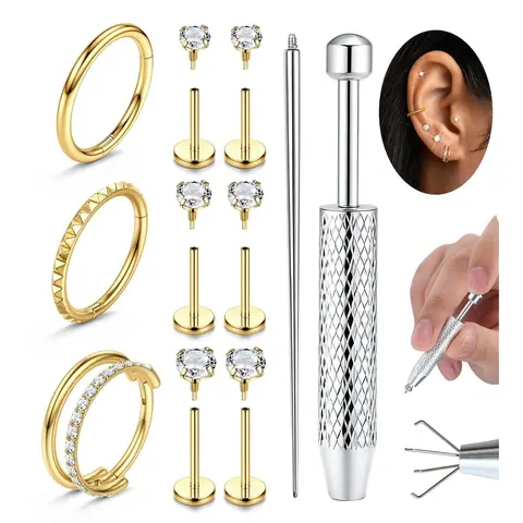 Women's 16G-18G Gold Plated Surgical Steel Body Jewelry Set - Internally Threaded Flat Back Earrings, CZ Hoops, 5A+ Cubic Zirconia Star Heart Geometric Studs, Hypoallergenic for Nose Piercing, Showersafe Shine Daily Wear