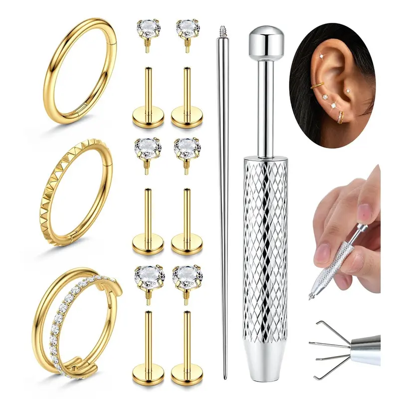 Women's 16G-18G Gold Plated Surgical Steel Body Jewelry Set - Internally Threaded Flat Back Earrings, CZ Hoops, 5A+ Cubic Zirconia Star Heart Geometric Studs, Hypoallergenic for Nose Piercing, Showersafe Shine Daily Wear