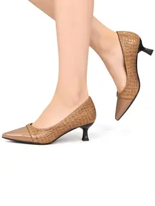 Women's Khaki High Heels 1.96in - Faux Leather Texture PU, Comfortable Ankle-Free, Office & Casual Versatile Pumps