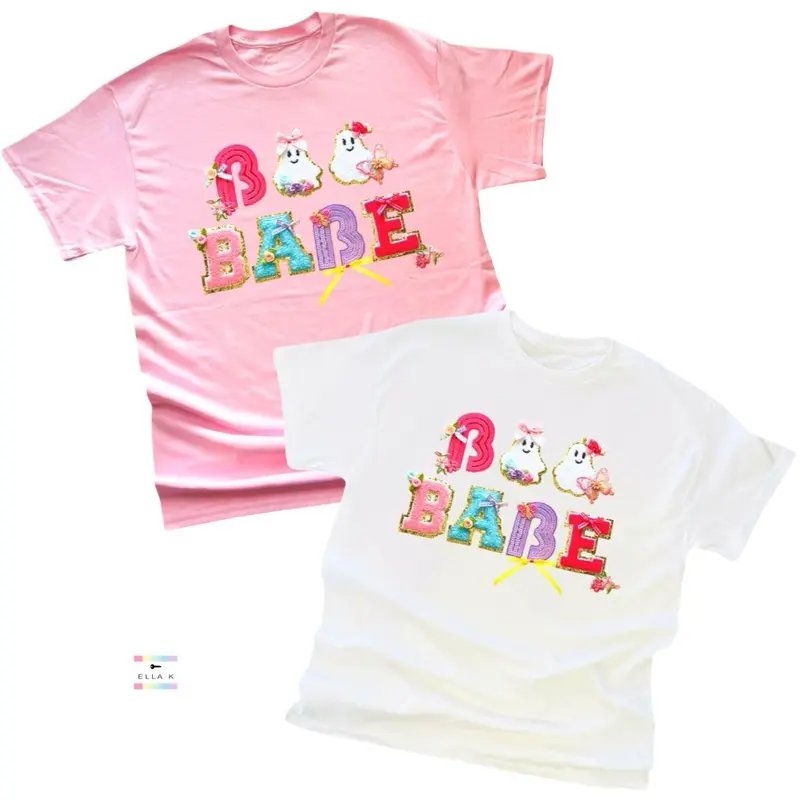 Boo Babe Girly Ghost Tee / 100% Cotton Boo Babe Appliqué Short Sleeve T-Shirt / Chenille & Sequin Patch Boo Babe Cotton Crewneck Tee /  Fall Unisex Tee / Halloween T-Shirt / Womenswear