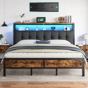 Raybee Upholstered Bed Frame for Queen with LED Lights & Charging Station, Platform Bed Frames with Ergonomic Headboard, 2-Tiers of Shelves & 12" Under Bed Storage, No Noise, Holds 1000lbs with Metal Frame & Slats, Full, King, Rustic Brown, Black