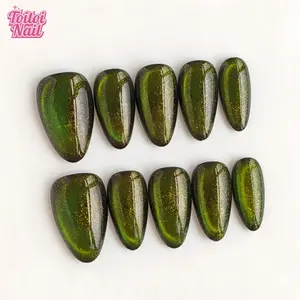 10pcs Handmade Olive Green Cat Eye Press-On Nails | Almond Shape | Retro Edgy Green Glitter Design | Shiny Metallic Finish | Reusable DIY Nail Kit for Women | Trendy Nails for Daily Wear, Party & Night Out | Bold Statement Look