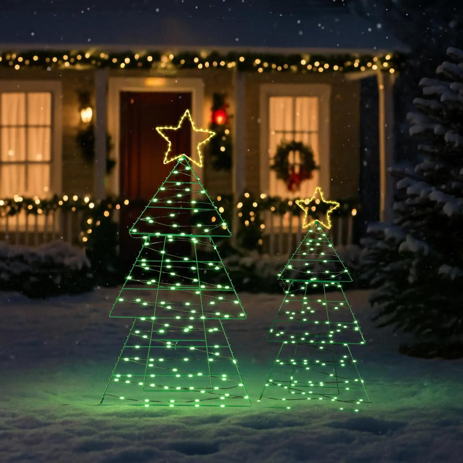 Set of 2 Lighted Metal Christmas Tree Yard Decorations, Pre-lit Holiday Decor with 150 Green and Warm White LED Lights for Xmas Outdoor Indoor Decor Lighted Holiday Displays