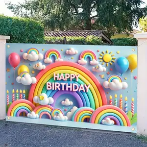 1PC, 2D Flat, three-dimensional rainbow balloon birthday decoration background, size 70.8x43.3inch polyester banner background cloth, indoor and outdoor photography, outdoor festivals and theme activities, no electricity required