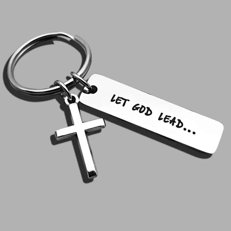 Gothic Cross Keychain, Religious Jewelry Accessory, Key Accessories, Let God Lead Design, Durable Zinc Alloy Material, Perfect Gift for Christian Faith, Inspirational Message, Minimalist Design Keychain