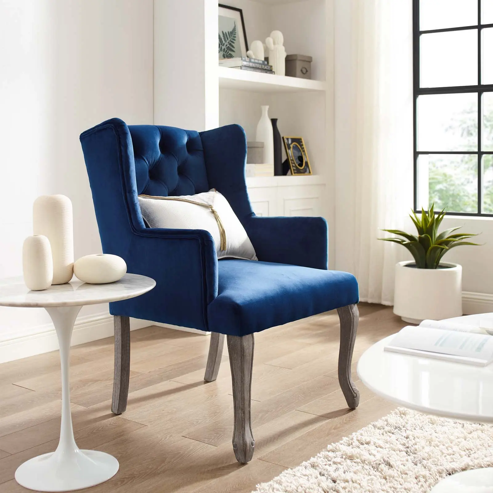 Modway Realm French Vintage Dining Performance Velvet Armchair in Navy