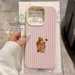 1pc striped couple bear UV printed pattern design leather-textured phone case, suitable for iPhone 17/16/15/14/13/12/11/X/XS/XS Max, is a holiday gift for friends, family, and yourself