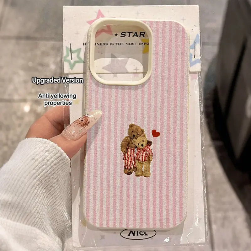 1pc striped couple bear UV printed pattern design leather-textured phone case, suitable for iPhone 17/16/15/14/13/12/11/X/XS/XS Max, is a holiday gift for friends, family, and yourself, Accessories, Smartphone, Cellphone