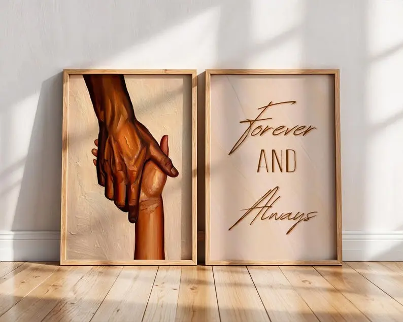 Black Couple Holding Hands Wall Art Unframed, Forever and Always Quote Poster,   Fashion Wall Art, House Decor, Home Decor, Room Decor, Abstract Printable Black Art