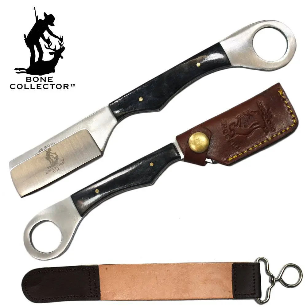 BC 866-BKBN 8" Stainless Steel Straight Razor Knife, Black Bone Handle Adds Classic Style, Fixed-Blade Outdoor Gear with Leather Sheath Keeps Blade Protected & Sharpening Strop Belt