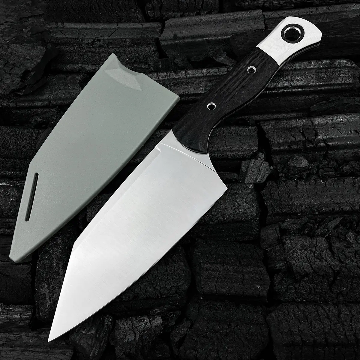 Station Knife KitchenKnife Fixed Blade  5.9" CPM-154 Stainless Steel Clip Point Blade, OD Black G10 Handles with White G10 Bolsters, Plastic Sheath Hiking Camping kitchen knife, slicing knife