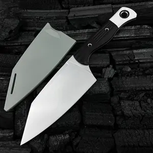Station Knife KitchenKnife Fixed Blade  5.9" CPM-154 Stainless Steel Clip Point Blade, OD Black G10 Handles with White G10 Bolsters, Plastic Sheath Hiking Camping kitchen knife, slicing knife