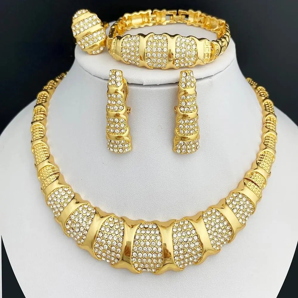 Fashion 18K Gold Plated Elegant Rhinestone Jewelry Set For Women - 4PCS Necklace Earrings Bracelet Ring Wedding Party Prom Gift Date Nights