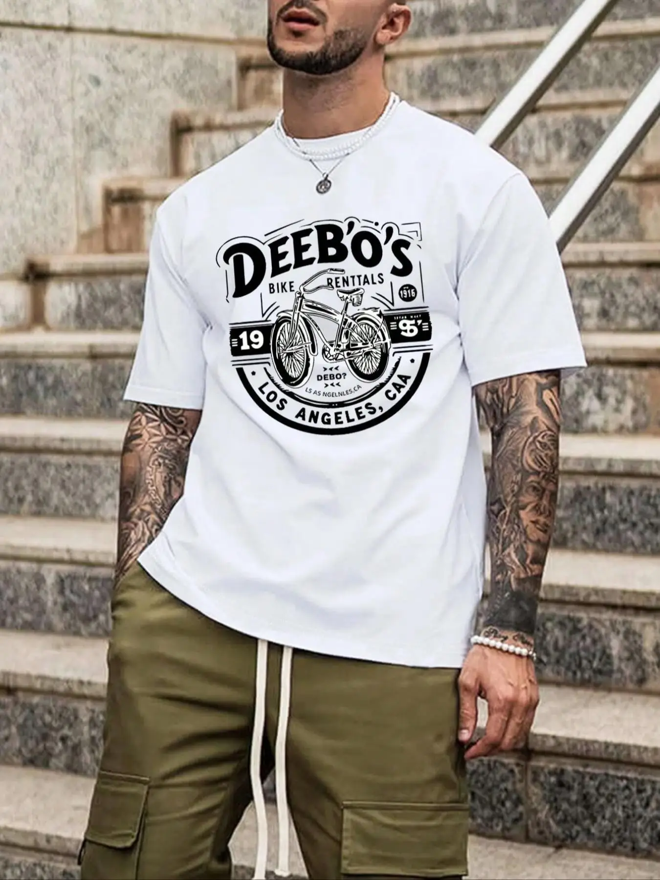 【Plus Size】 Men's Bicycle & Letter Print Round Neck Tee, Regular Fit Casual Short Sleeve Crew Neck T-shirt for Daily Wear, Men's Clothing for All Seas