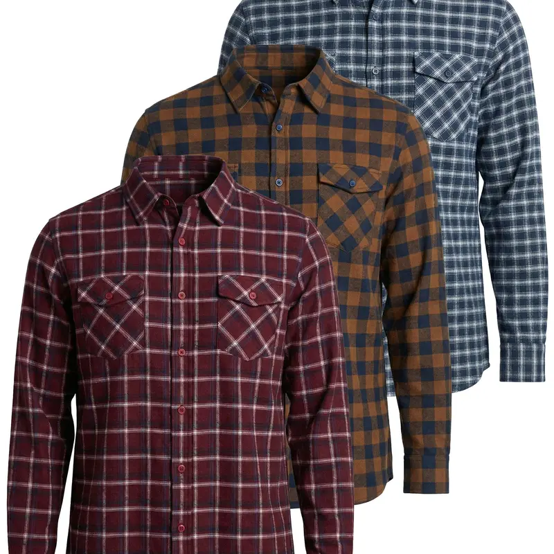 Real Essentials 3 Pack: Men's Long-Sleeve Flannel Button Down Plaid Casual Shirt (Available in Big & Tall)