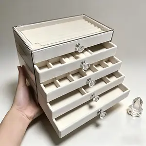 Women's Transparent Dustproof Acrylic Jewelry Box Organizer with 5 Velvet-Lined Drawers, Earring & Ring Storage Tray, Desktop Home Organizer Storage Case