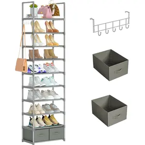 Shoe Rack, Sturdy Metal Shoes Rack Organizer,Narrow Shoe Rack,Shoe Racks for Closets,Shoes Rack,Shoe Stand,Shoe Shelf (10 Tier with 2 Boxes and 1 Hook)