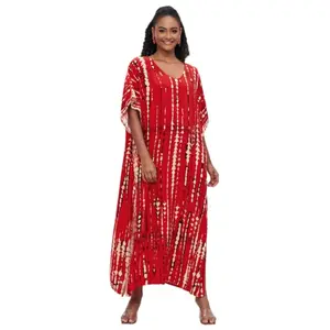 Women Plus Size Ethnic Print Kaftan Dress Swimsuit Cover Up,Mrs. Roper Kaftan, Swimsuit, bubu, mumu, Casual Womenswear Boho Caftan Baggy Beach Chic Summer Bohemian Drape Coat - Red