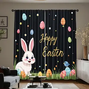 2-piece set of Easter egg bunny curtains, Nordic Ins style black background children's room curtains, durable semi transparent polyester material curtains that can be washed, suitable for bedrooms/living rooms/study rooms, is an ideal choice for home deco