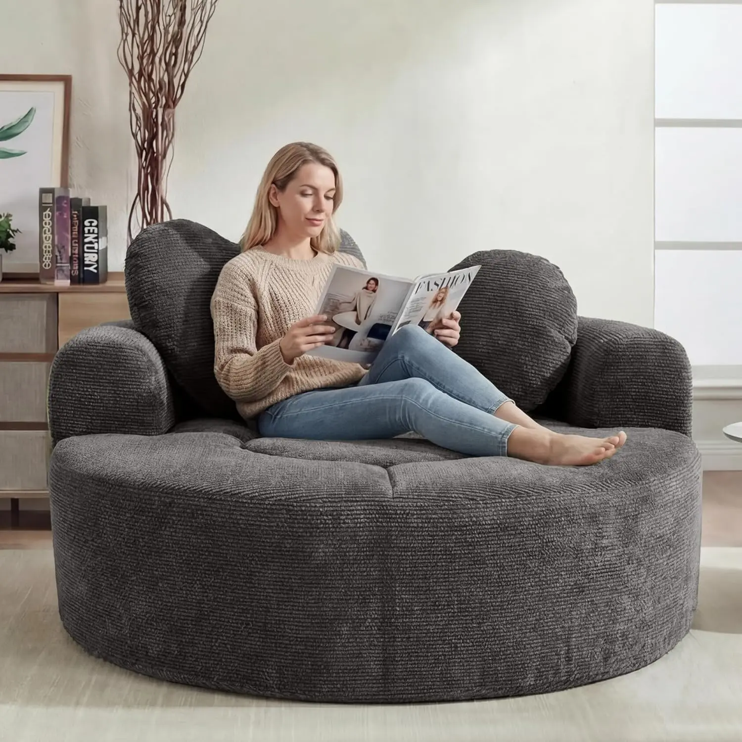 Oversized Round Chair Lounge Chaise Indoor, 54.3" Upholstered Corduroy Deep Seat Single Cloud Sofa Chair with Heart-Shaped Pillow Modern Large Circle Boneless Couch for Living Room, Black+gray