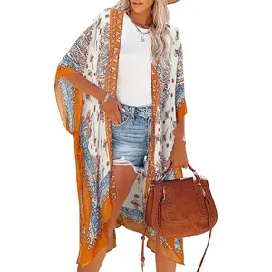 Women's Ethnic Pattern Kimono, Boho Casual Open Front Cover Up for Beach Vacation, Ladies Spring & Fall Clothes