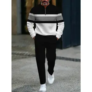 Men’s two-piece set: zip-pullover long-sleeve polo shirt and stylish sports pants—perfect as a Christmas gift for casual outdoor wear. Sweatpants outfit in solid color sportswear, sporty, comfortable, and breathable.