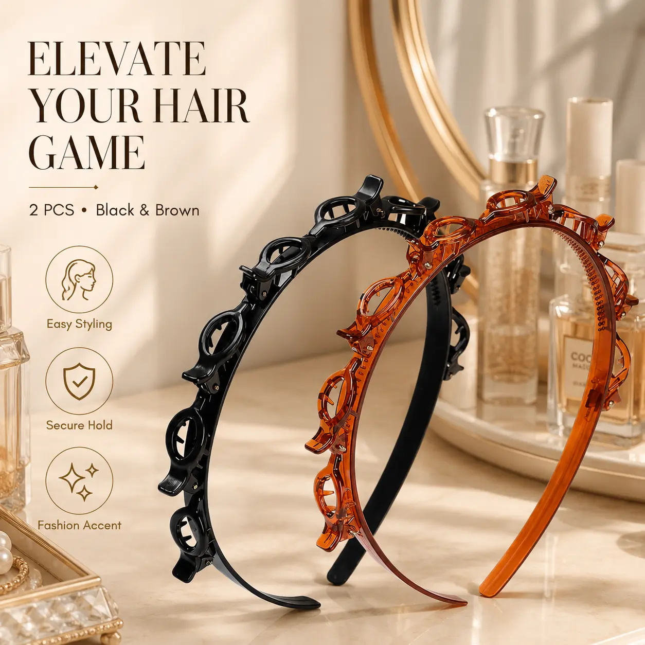 Women's 2PCS Fashion Toothed Headband Accessory Set, Multicolor Non-Slip Comb Hair Hoops, Lightweight Plastic Make Up Headband for Daily Styling, Work, Black