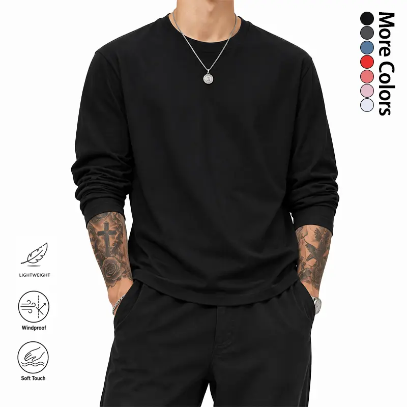 Men’s 100% cotton crew neck long-sleeve T-shirt, skin-friendly lightweight basic solid-color casual undershirt sohochic