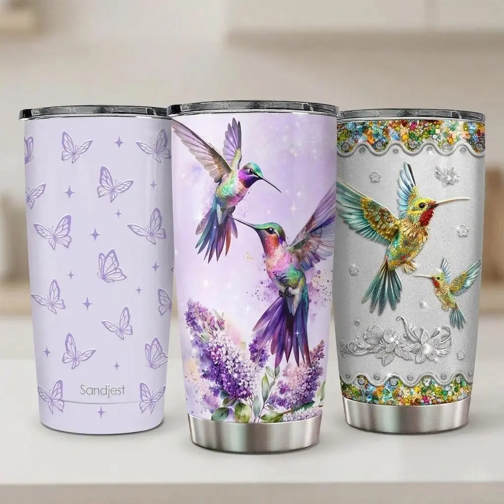 SANDJEST Stylish Cylindrical Vacuum Insulated Stainless Steel Flask - 20oz Portable Tumbler, Double-Wall Slim Profile, Cup Holder Friendly Lid, 0-500 ml Butterfly Print, 7-12 Hours Hot/Cold Retention, Mother's Day Gift (Vacuum Insulated Drinkware)