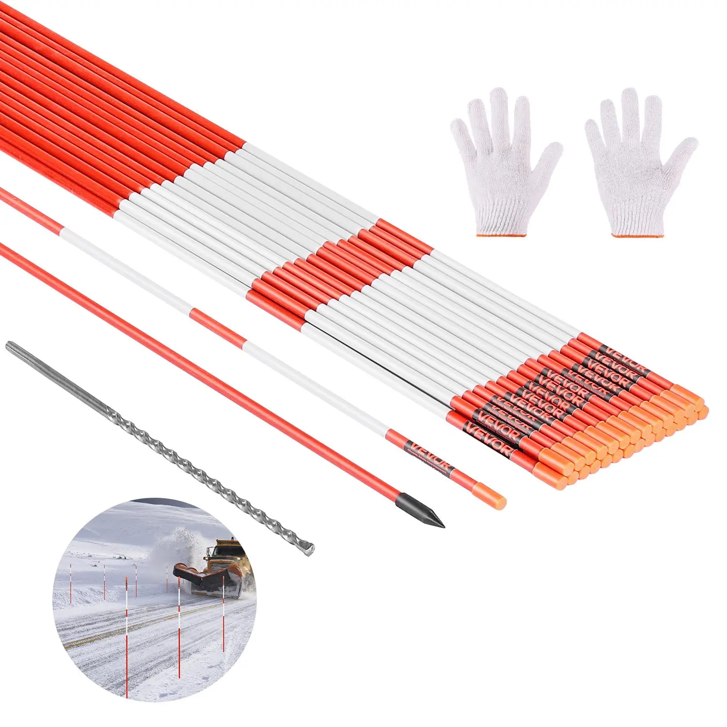 VEVOR Outdoor Driveway Markers Set Pack, 20Pcs 58" Length 5/16" Dia Fiberglass Poles, Hi-Visibility Reflective Snow Sticks with 12" Steel Drill Bits for Parking Lots, Snow Plowing