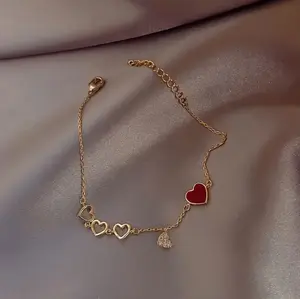 Elegant Golden-Tone 1pc Heart Charm Bracelet | Adjustable Chain Link Design with Red Enamel & Clear Gemstone Accents - Casual Attire & Mardi Gras Festival Jewelry Gift for Women