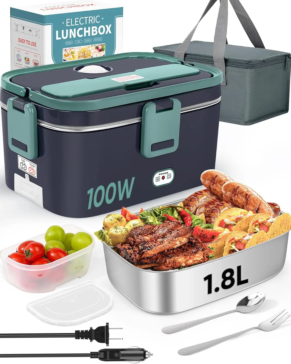 Electric Lunch Box  Heater Warmer 100W, 1.8L Portable Heated Lunch Box for   Work with Stainless Steel Container Fork & Spoon 12/24/110V Lonchera Electrica Portatil para Trabajo