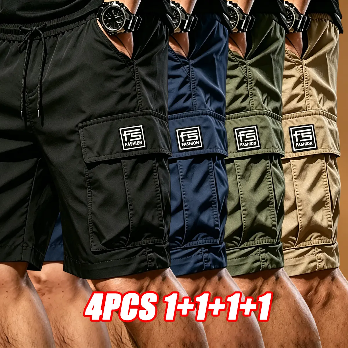 4PCS men’s cargo shorts: men’s durable outdoor training shorts, men’s multi-pocket work shorts, men’s solid-color and printed drawstring tactical cargo shorts (no belt), unisex, regular-fit athletic cargo shorts with pockets, durable. Casual street pants