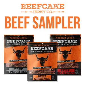 Beefcake Jerky Co. Beef Sampler - 3 Flavors: Peppered, Original, Hot & Spicy