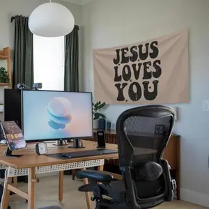 Jesus Loves You Tapestry Wall Hanging - Large 40"x60" Horizontal Religious Decor with Distressed Verse Typography, Beige Background & Black Stars - Fabric for Bedroom, Dorm, Prayer Room Art