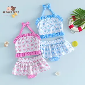2Pcs Toddler Girl Swimsuit Set Sleeveless Halter Neck Starfish Bow Print Tops and Skirted Bikini Bottoms