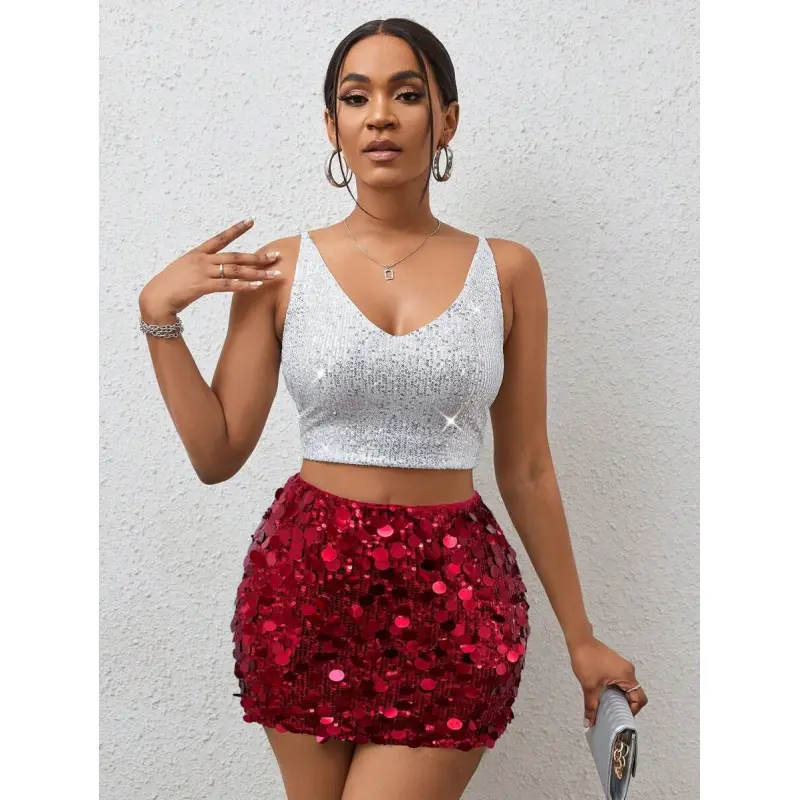 Women's High-Waist Red Sequin Mini Skirt, 2026 Gamis Fabric Regular Fit (95% Polyester, 5% Elastane), Beach & Festival Wear, Comfortable Womenswear Bottom, Hand Wash Only, Straight Design, Medium Party & Casual Day Use Basic Minimalist