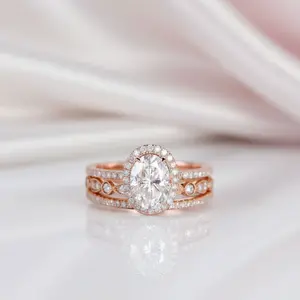 14k Rose Gold 1.5ct Oval-Cut Diamond Option Halo Engagement Ring Set