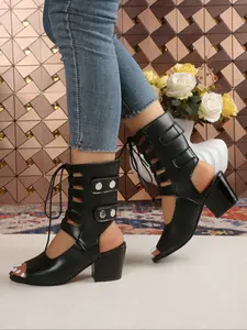 Women's Chunky Heel Open Toe High Heel Roman Sandals, Casual Stylish PU Leather Lace-Up Shoes, Rubber, Above Ankle Below Knee, All Seasons, Minimalist Heeled Sandals